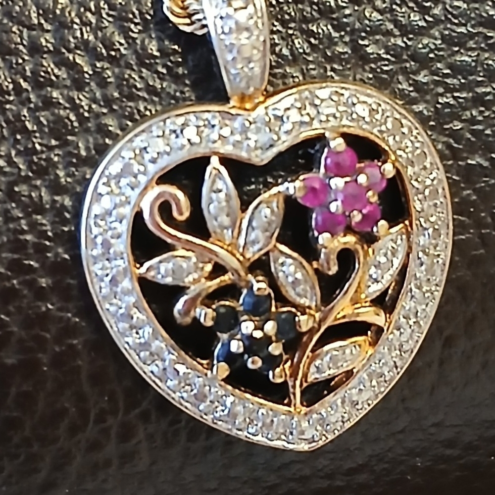 Gold Vintage Ruby and Sapphire Floral Pendant